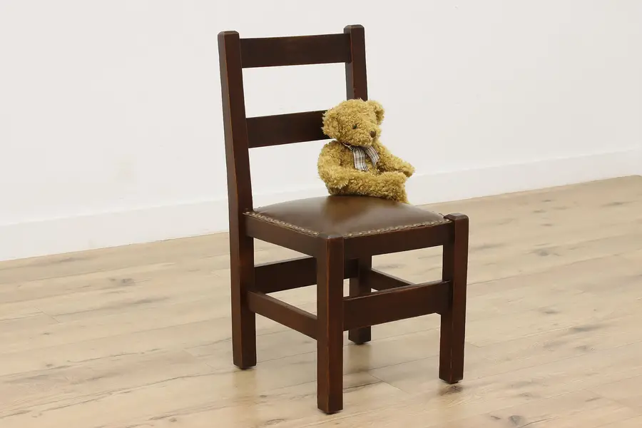 Photo of Arts & Crafts Mission Oak Antique Leather Side or Hall Chair