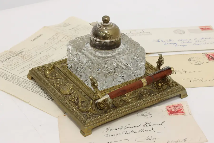 Photo of Italian Antique Brass & Cut Crystal Desktop Inkwell