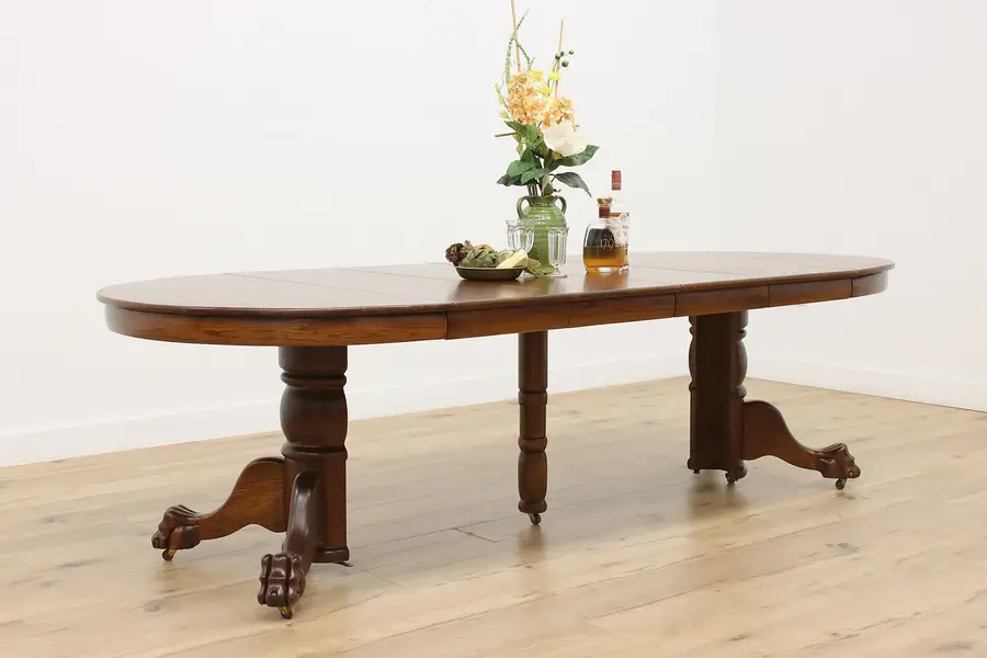 Photo of Victorian Antique Round Oak Dining Table, 4 Leaves, Paw Feet