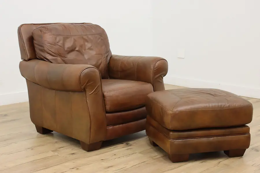 Photo of Traditional Vintage Leather Lounge Chair & Ottoman, Lane