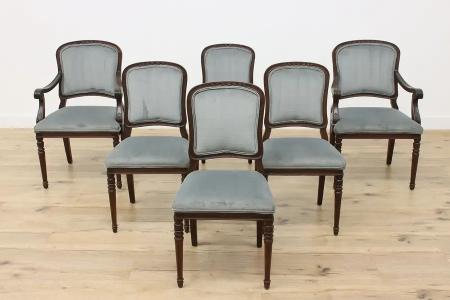 Photo of Set of 6 Renaissance Antique Walnut Velvet Dining Chairs