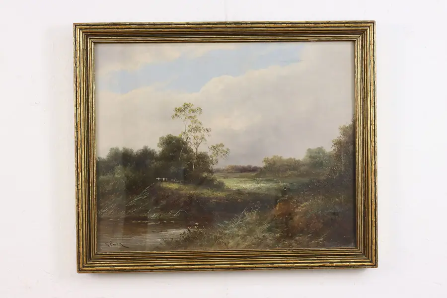 Photo of Riverbank Fishing Antique Original Oil Painting, Perry 23"