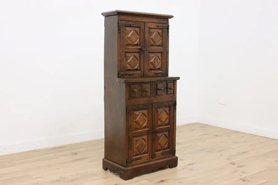 Photo of Spanish Antique 1750 Carved Oak Silver Chest Tobacco Cabinet