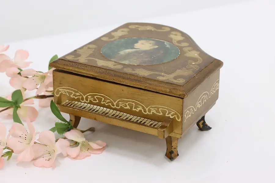 Photo of Painted & Carved Vintage Mini Piano Music Jewelry Box, Love