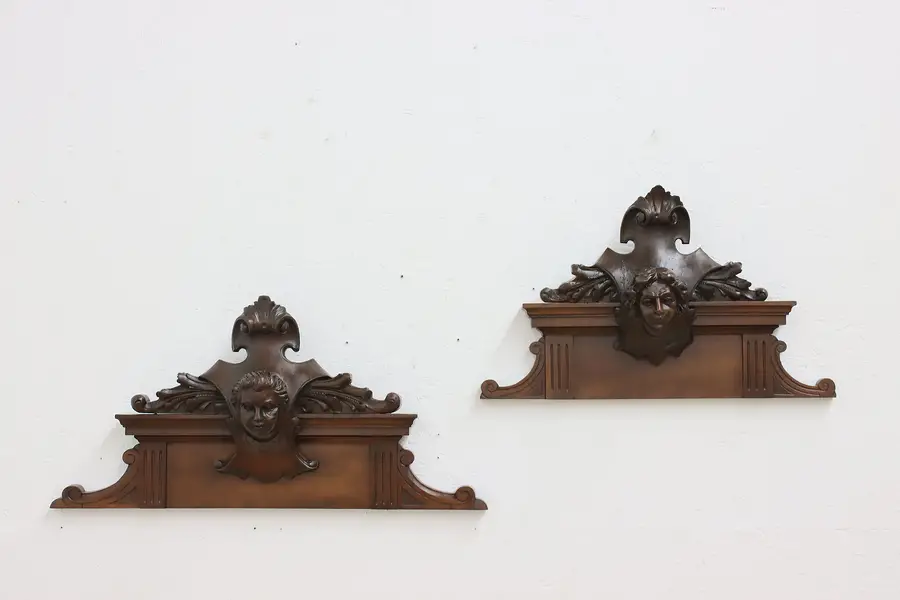Photo of Pair of Victorian Antique Carved Walnut Wall Crests, Busts