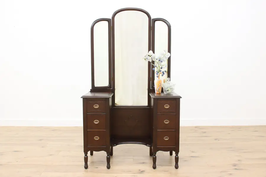 Photo of Tudor Design Antique Vanity or Dressing Table, Triple Mirror
