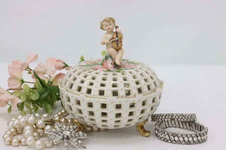 Photo of Victorian Antique Painted Porcelain Candy Dish, Cherub