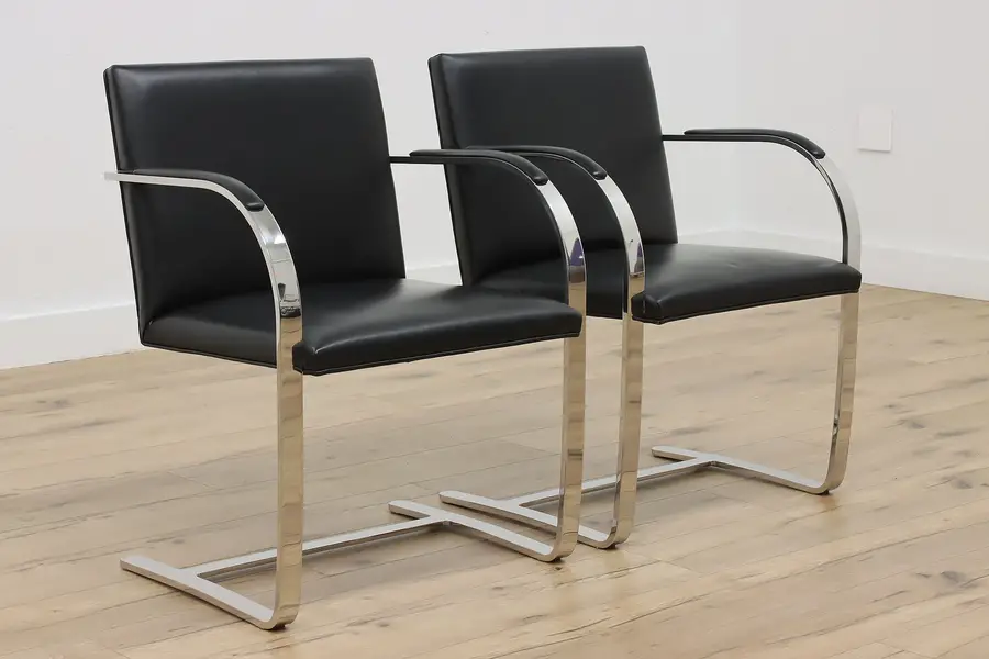 Photo of Pair Midcentury Modern Vintage Chrome Leather Chairs Brueton