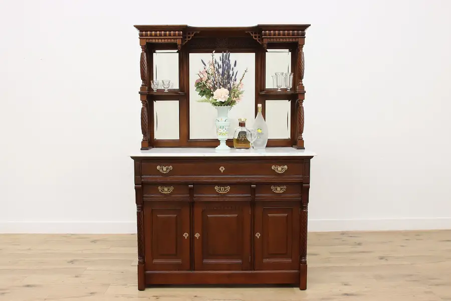 Photo of Victorian Antique Carved Oak & Marble Sideboard Bar Cabinet