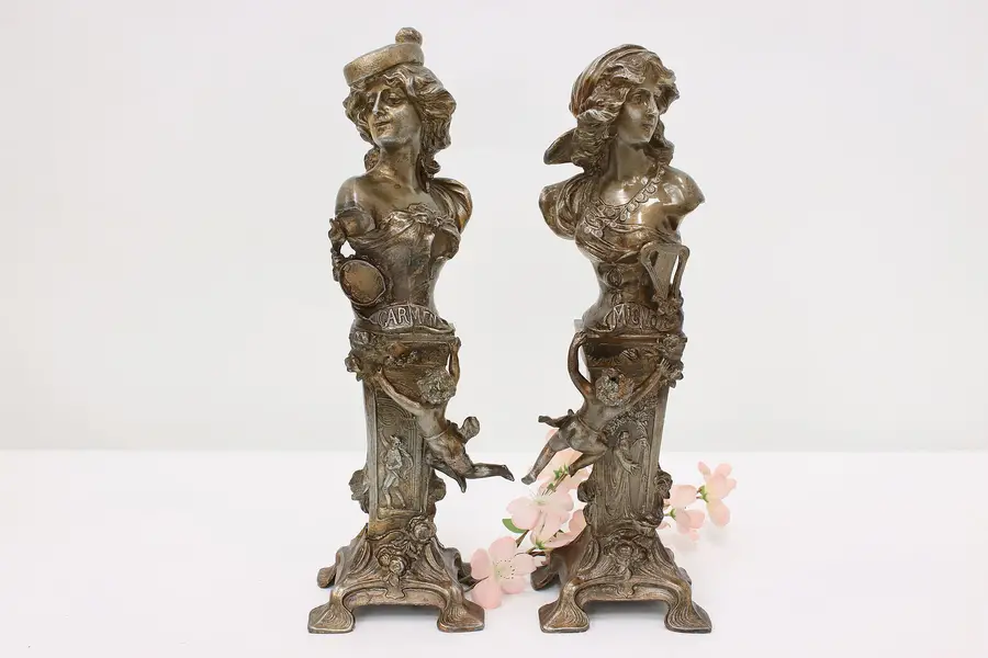 Photo of Carmen & Mignon Pair Art Nouveau Antique Sculptures Signed