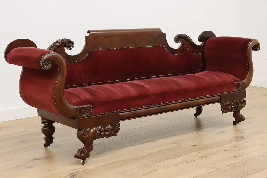 Photo of Empire Antique Mahogany & Velvet Sofa, Carved Cornucopias