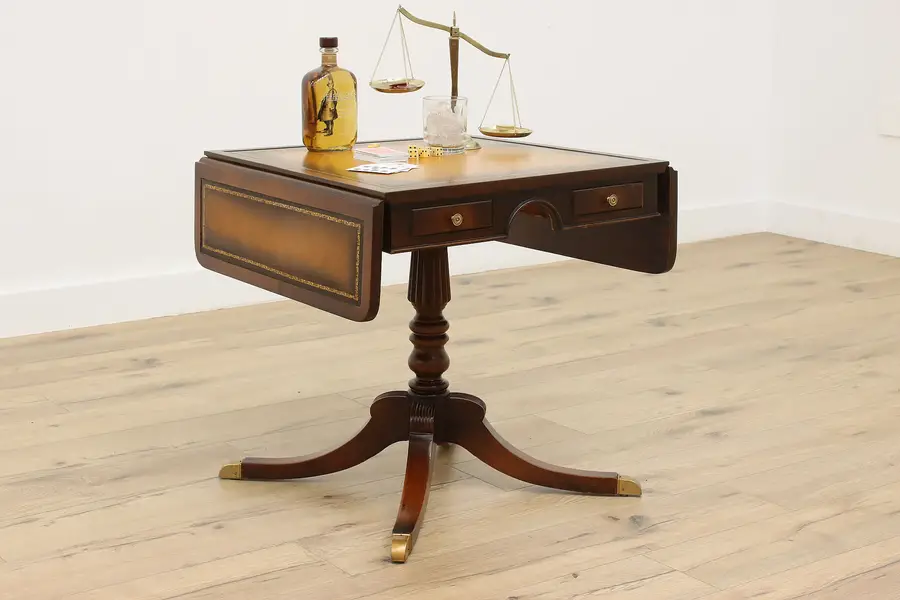 Photo of Traditional Vintage Leather Top Drop Leaf Side or Game Table