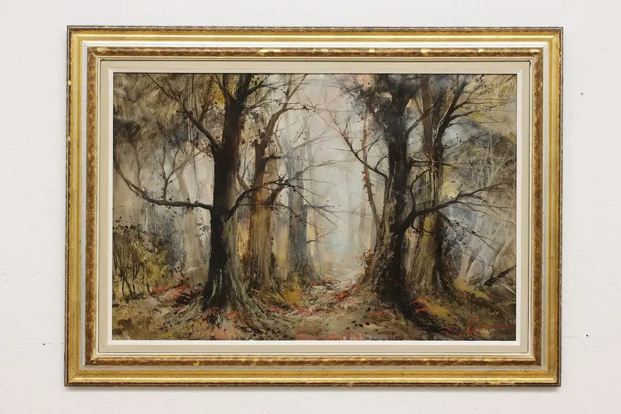 Photo of Misty Forest Vintage Original Oil Painting, Signed 44"