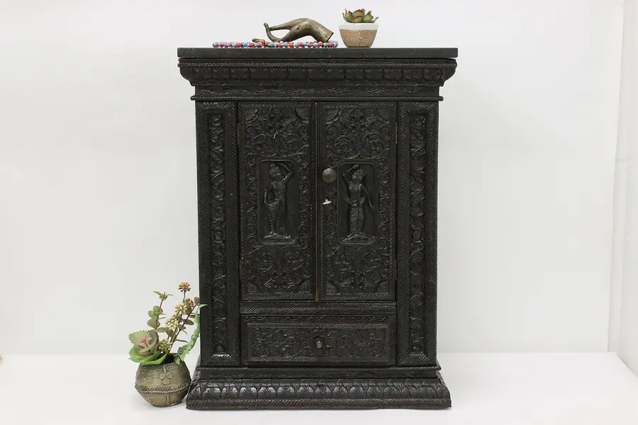Photo of Indian Vintage Carved Tabletop Cabinet, Granite, Peacocks