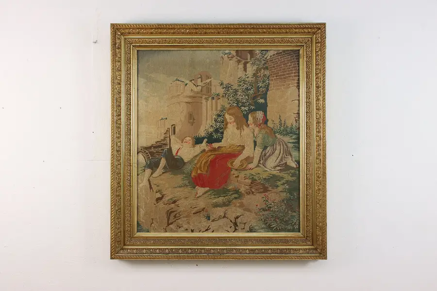 Photo of Children & Berries Antique Framed Needlepoint Tapestry 42.5"