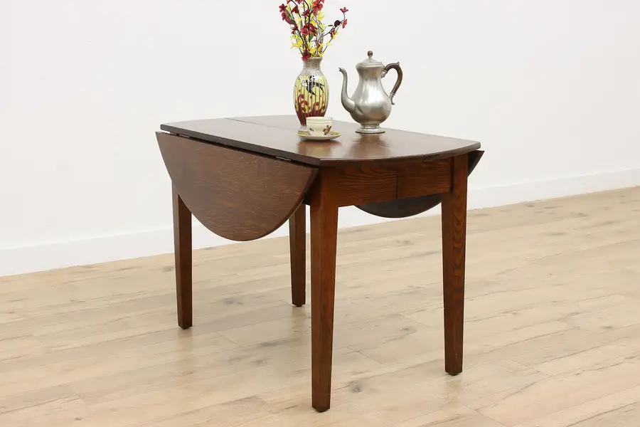 Photo of Craftsman Oak Antique Drop Leaf Dining Table, 2 Leaves