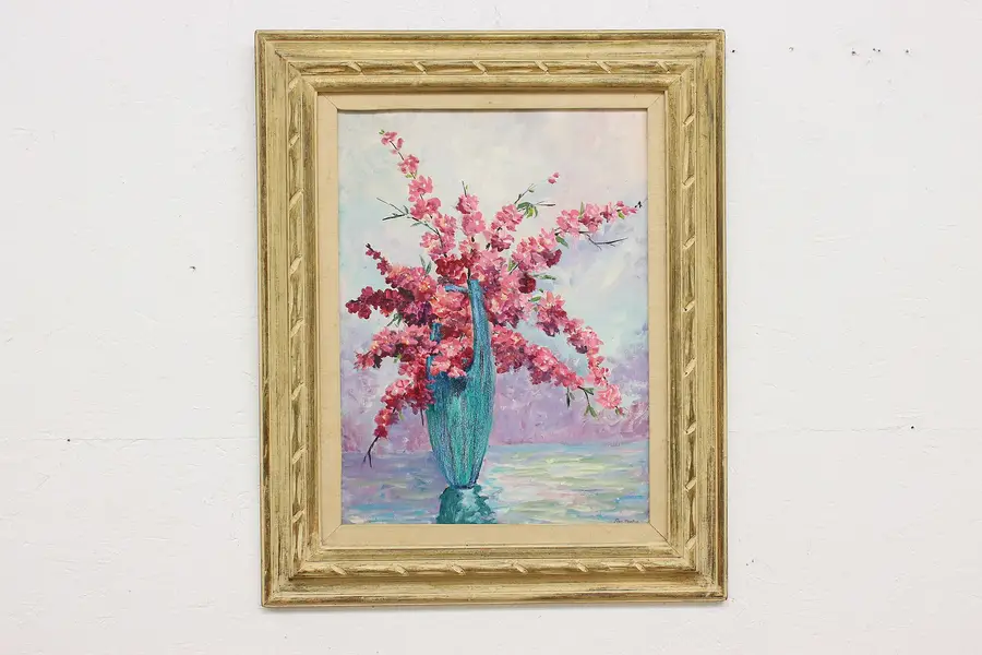 Photo of Flowers in Vase Vintage Original Oil Painting Martin 32.5"