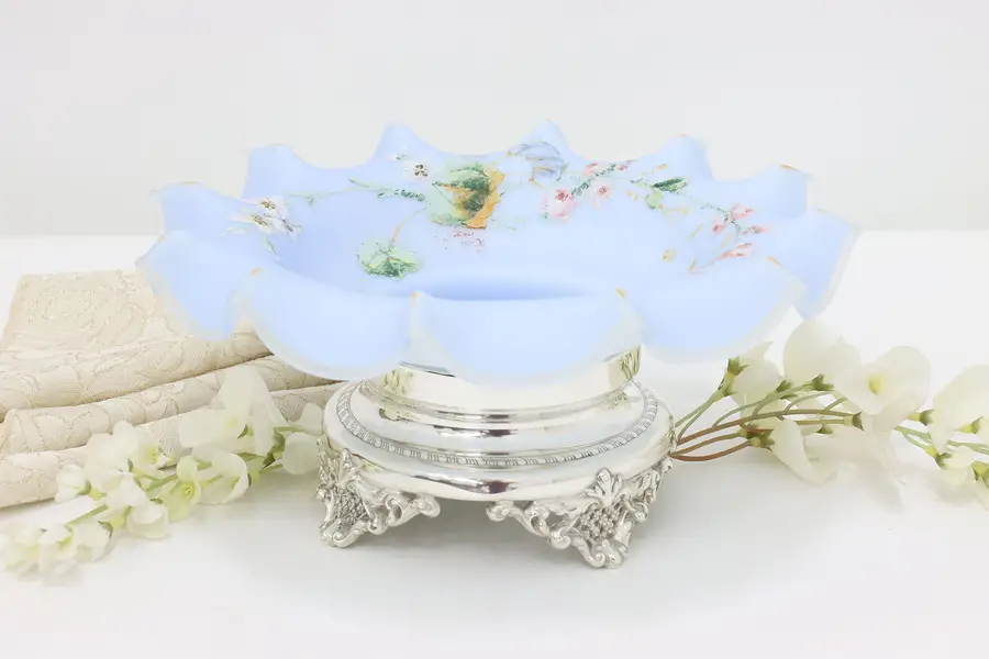 Photo of Victorian Antique Glass Bride Basket Silver Stand, Pairpoint