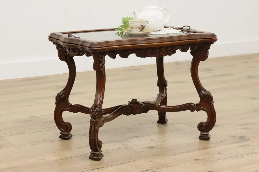Photo of French Design Antique Carved Walnut Coffee Table, Glass Tray