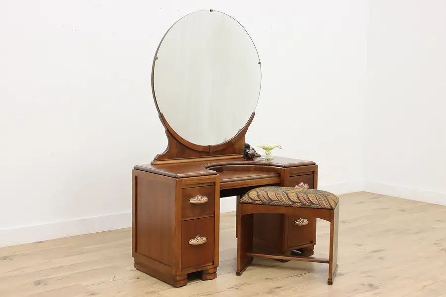 Photo of Art Deco Vintage Walnut Vanity or Dresser & Bench, Signed