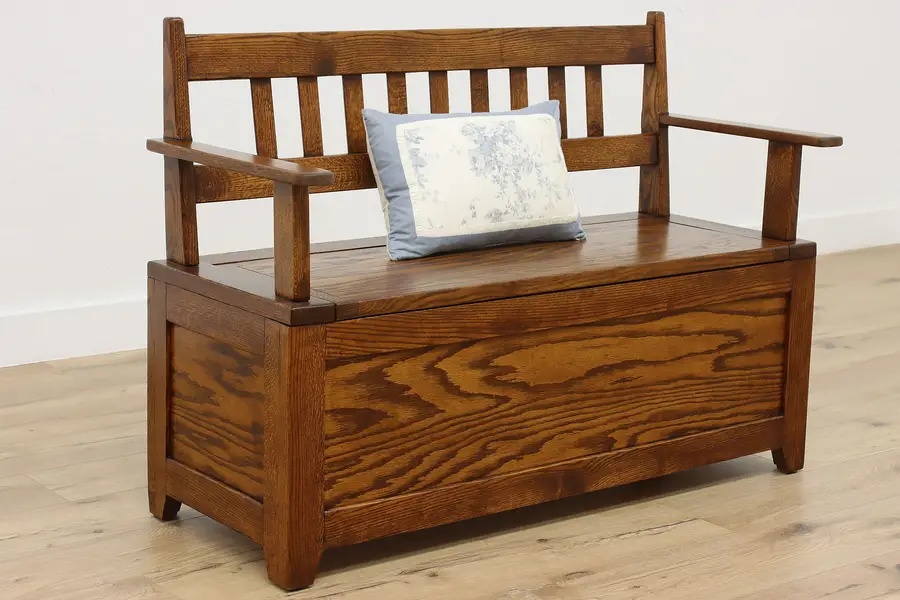 Photo of Arts & Crafts Vintage Artisan Oak Lift Lid Hall Bench Jacobs