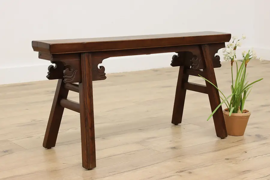 Photo of Chinese Antique Carved Elm Hall or Porch Bench, Signed