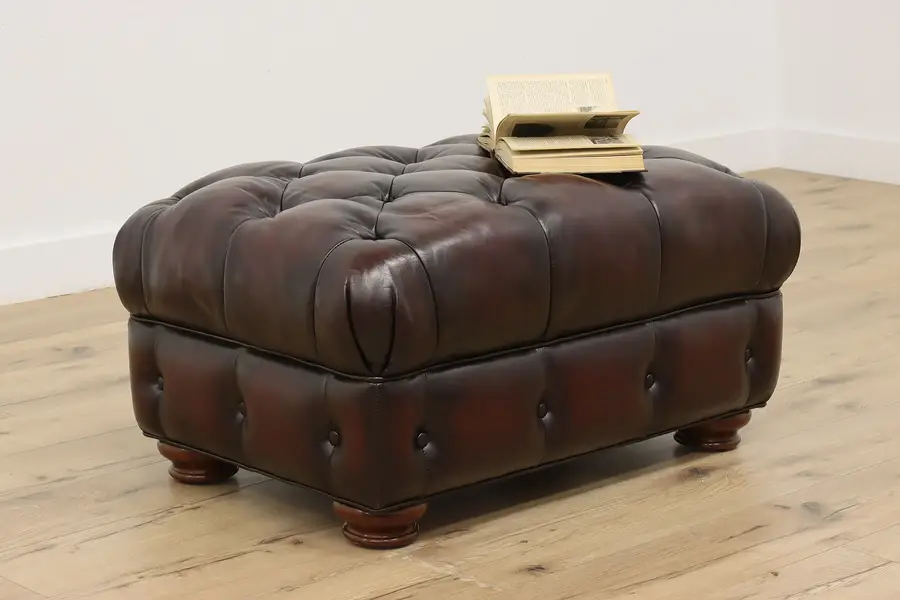 Photo of Tufted Burgundy Leather Ottoman Footstool or Bench Flexsteel
