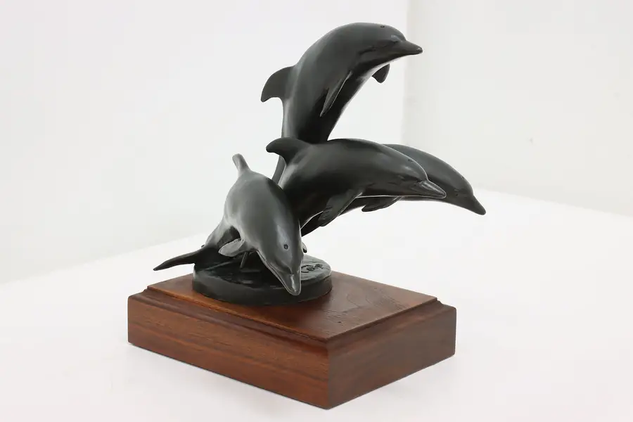 Photo of Bronze Vintage Dolphins Sculpture on Walnut Base, Johnson
