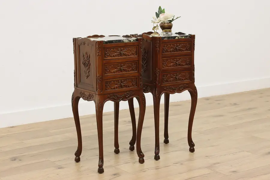 Photo of Pair of Antique Walnut & Marble Nightstands or End Tables