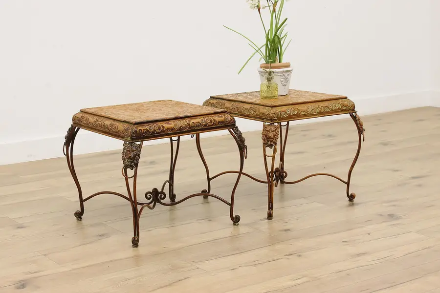 Photo of Pair of Vintage Embossed Wrought Iron Patio or Side Tables