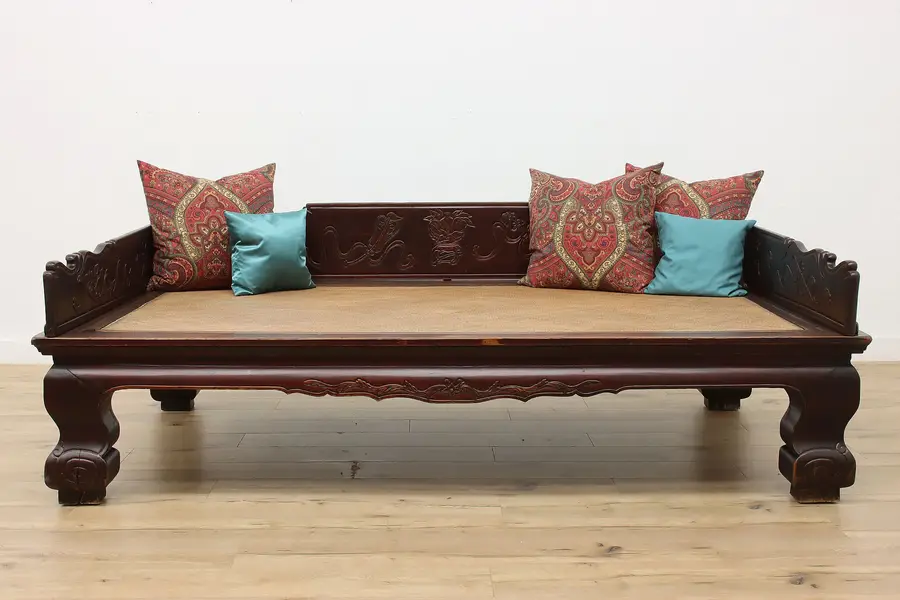 Photo of Chinese Antique Carved Elm Opium, Marriage or Day Bed