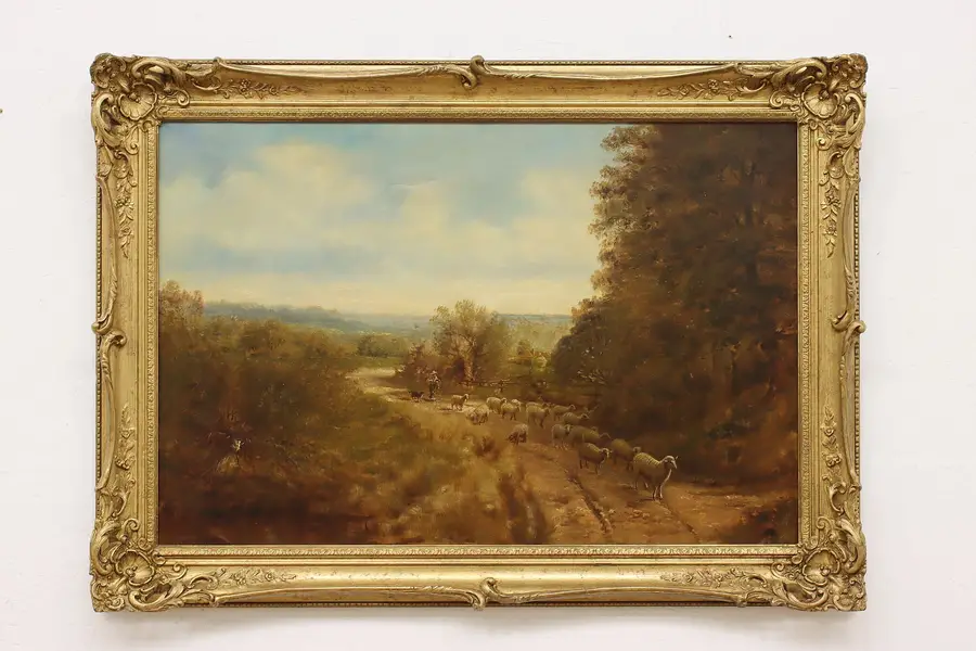 Photo of Countryside Sheep Herder Antique Original Oil Painting 42.5"