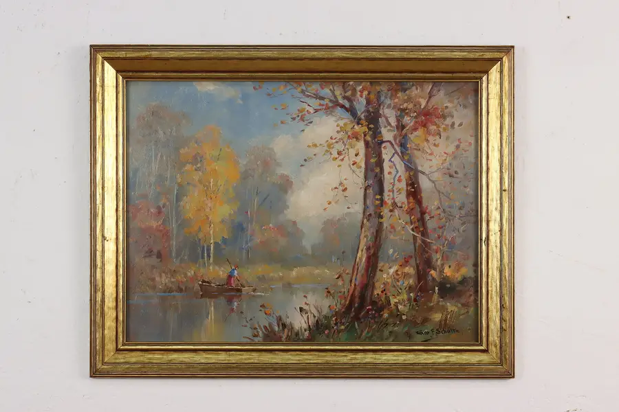Photo of Autumn River Antique Original Oil Painting, Schultz 23.5"