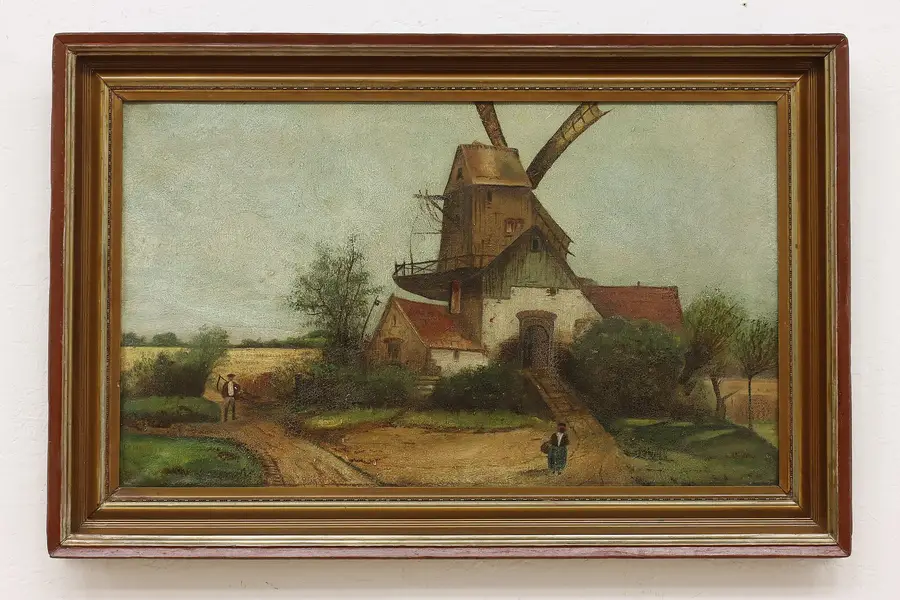 Photo of Dutch Windmill Farm Antique Original Oil Painting 37.5"