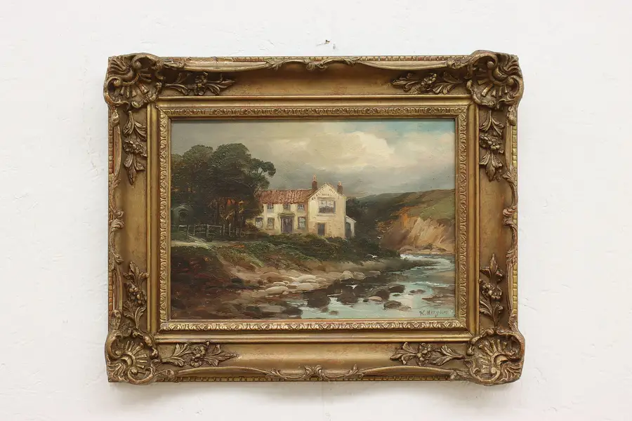 Photo of Seashore Inn Antique Original Oil Painting, Signed 19.5"