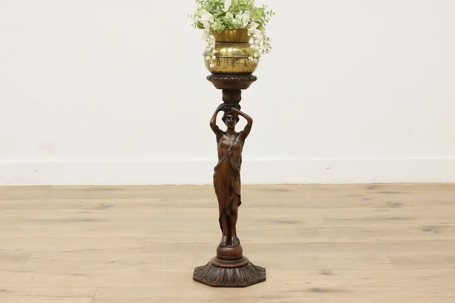 Photo of Italian Antique Carved Walnut Sculpture Pedestal Plant Stand