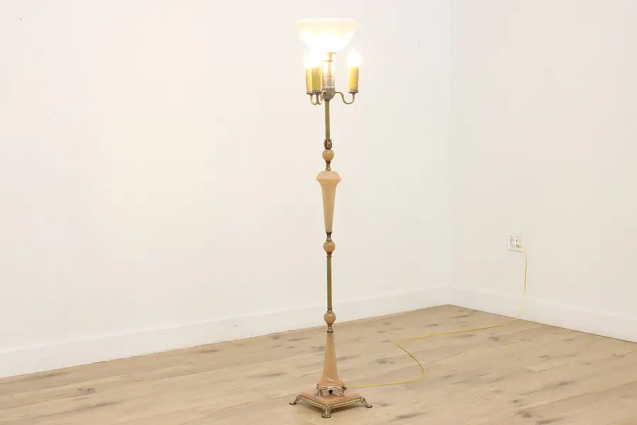 Photo of Art Deco Antique Rose Glass & Brass Torchiere Floor Lamp