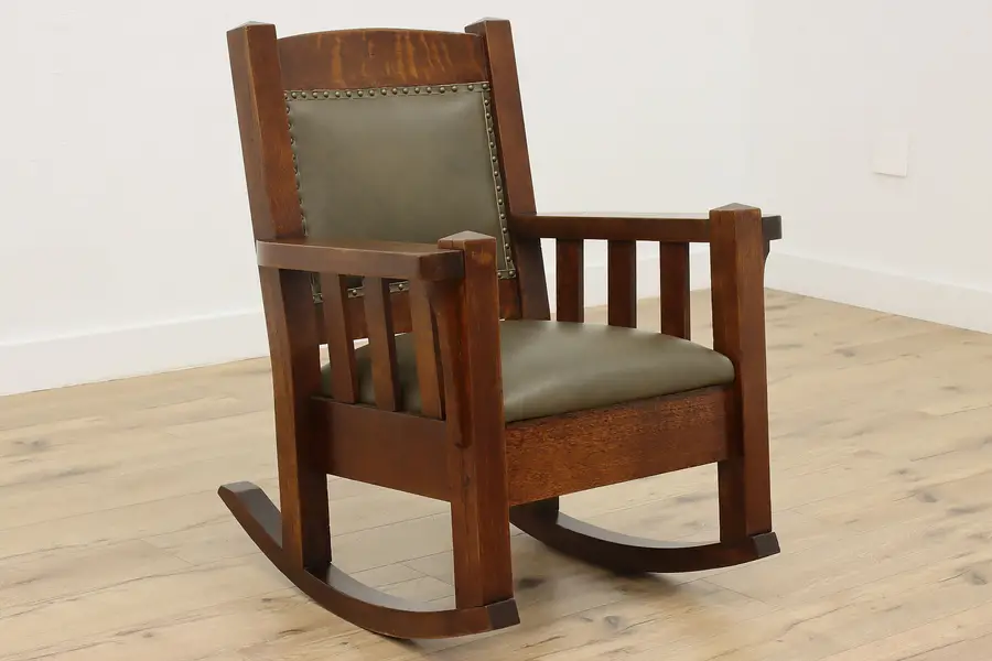 Photo of Craftsman Antique Arts & Crafts Oak & Leather Rocking Chair