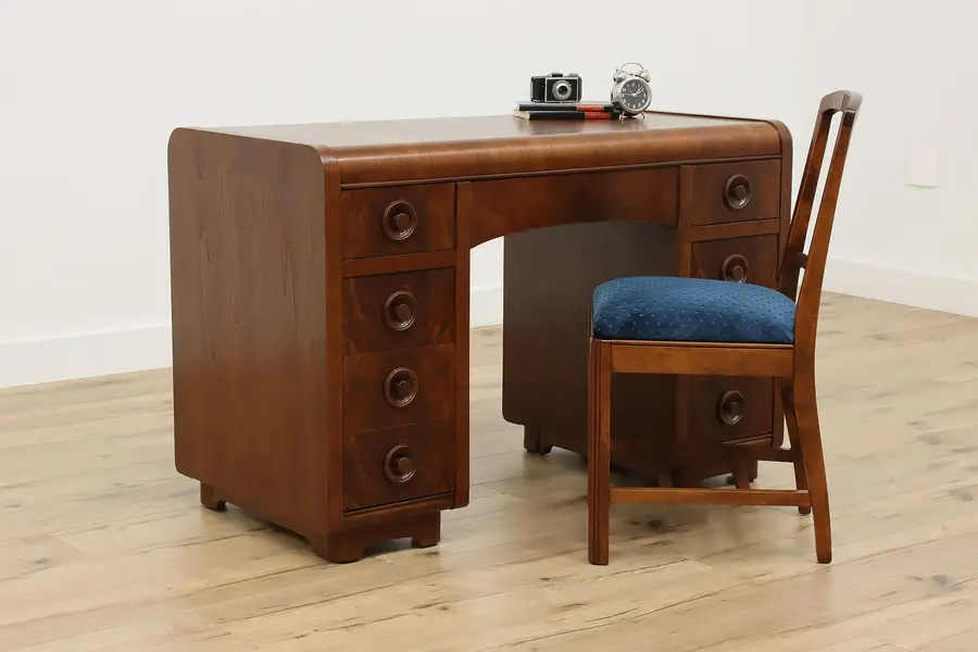 Photo of Art Deco Vintage Waterfall Office Desk or Vanity & Chair