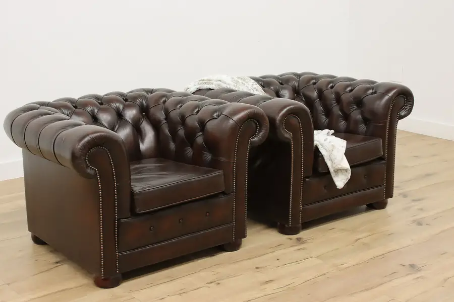 Photo of Pair of Chesterfield Vintage Tufted Brown Leather Armchairs