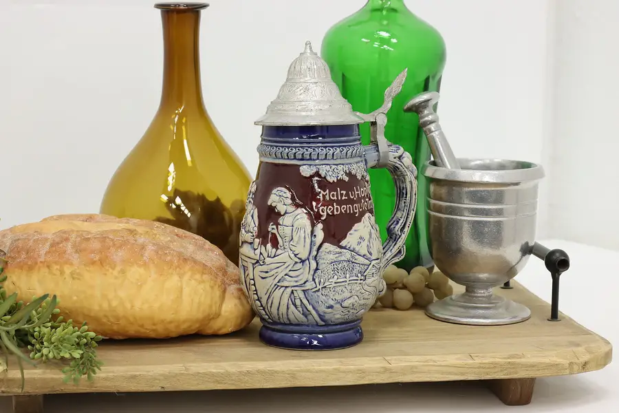 Photo of German Vintage Painted Ceramic & Silverplate Beer Stein Mug