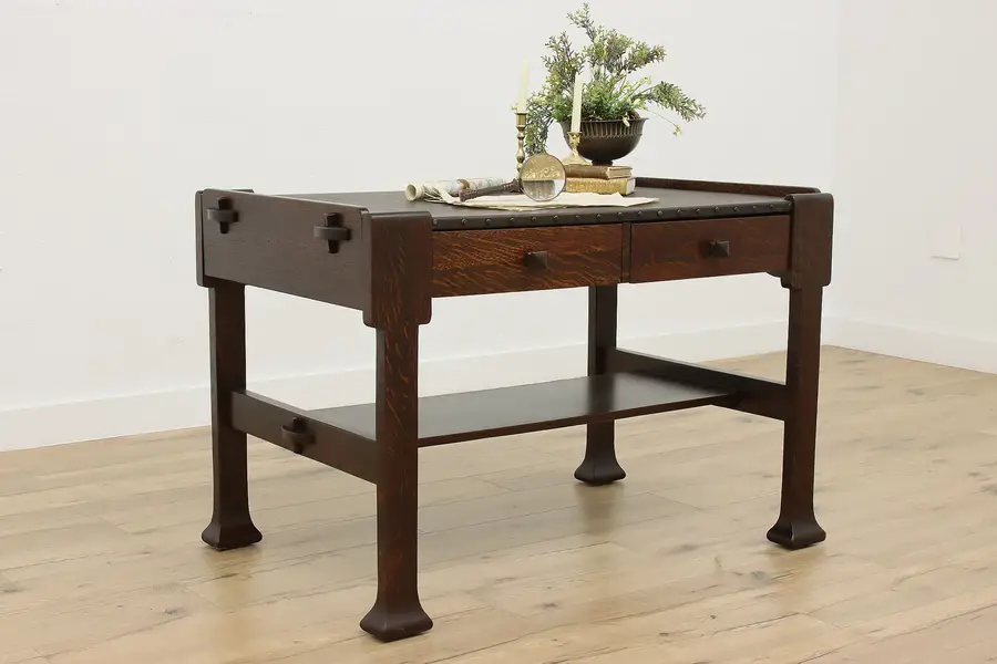 Photo of Craftsman Antique Leather Top Library Table or Desk, Miller