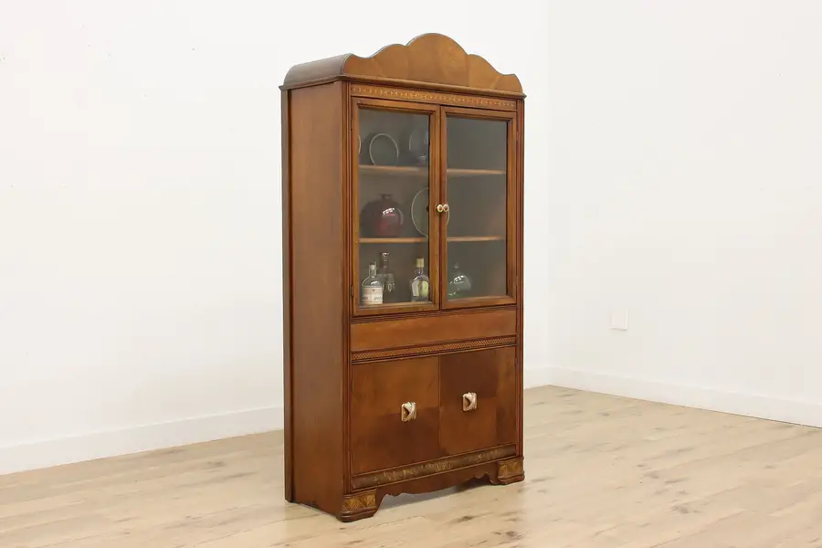 Photo of Art Deco Vintage Walnut & Inlay China Hutch Display Cabinet