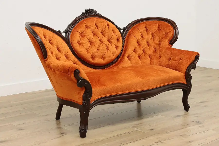 Photo of Victorian Antique Settee or Loveseat, Tangerine Upholstery