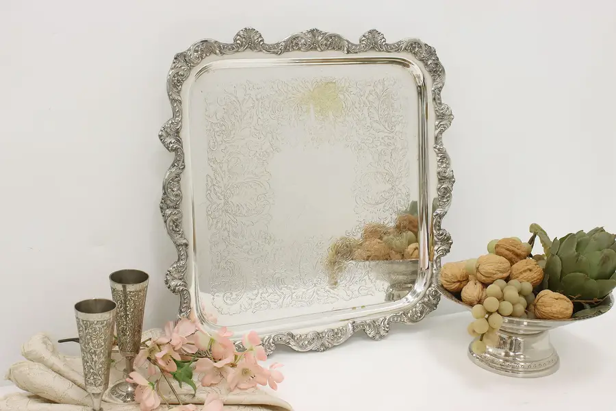 Photo of Victorian Silverplate Vintage Square Serving Tray, Poole