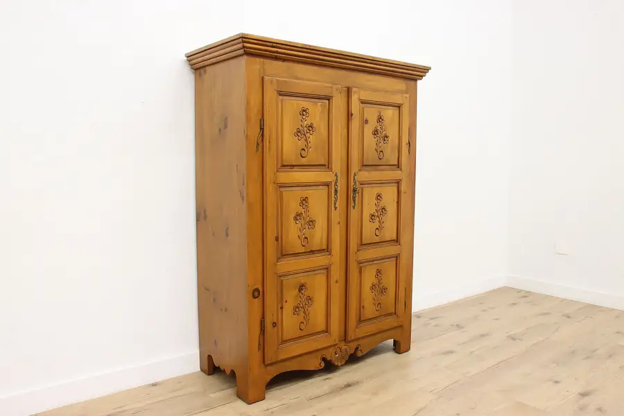 Photo of Farmhouse Pine Vintage Carved Armoire or Wardrobe, Country