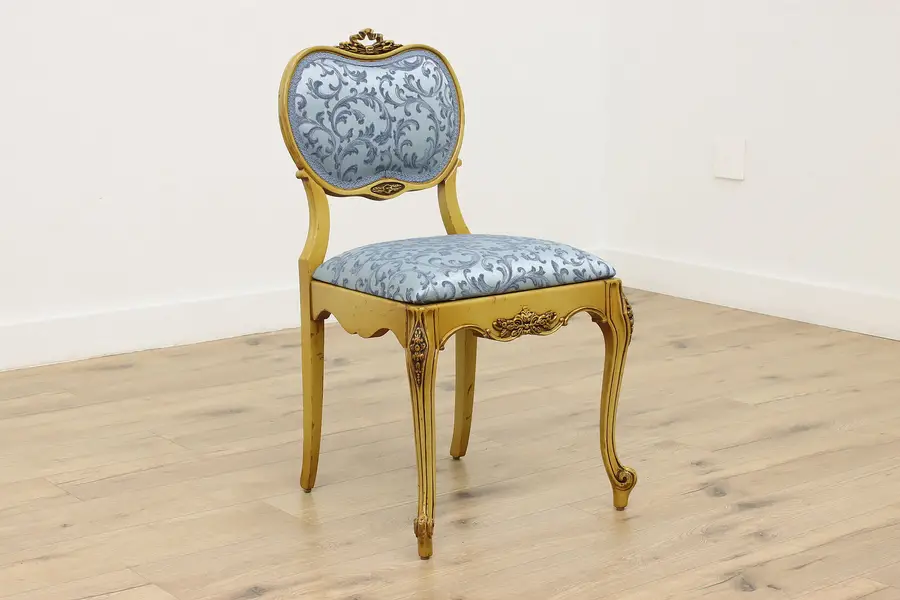 Photo of French Design Carved Antique Vanity Chair, New Blue Fabric