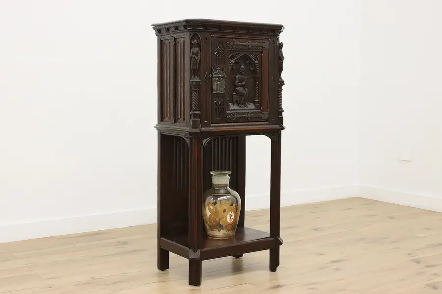 Photo of Gothic Carved Oak Bar Hall or Bath Cabinet, Priest & Knights