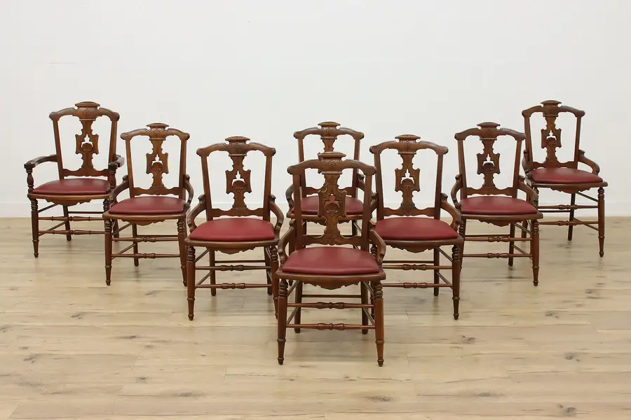 Photo of Set 8 Antique Victorian Carved Walnut Dining Chairs, Leather