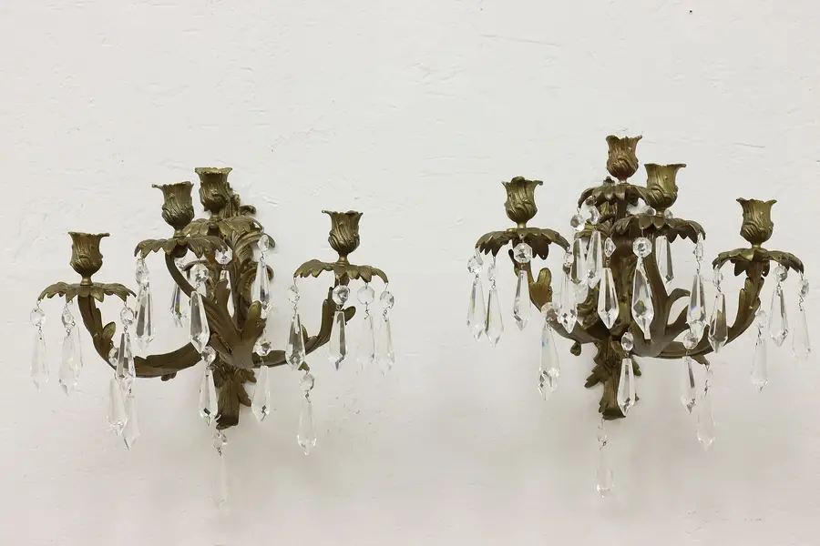 Photo of Pair of French Antique Brass & Crystal Candle Sconces